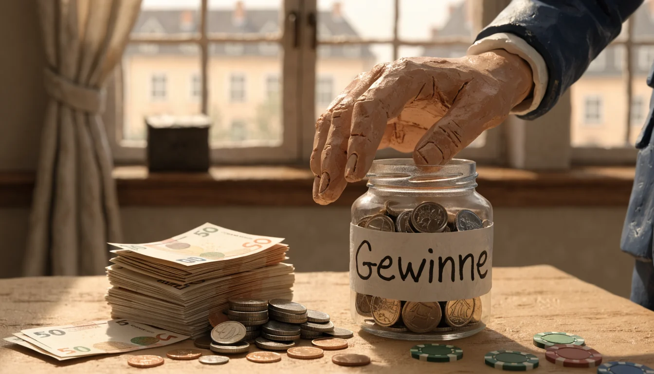 Gewinne in einem Glas mit Euros und Casino-Chips auf einem Holztisch
