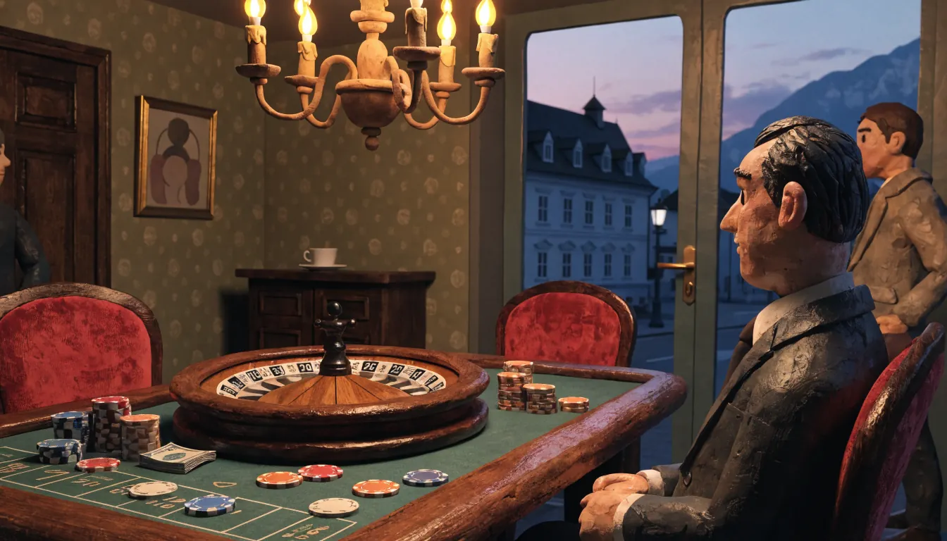 Gemütliche österreichische Casino-Lounge mit Roulette-Tisch und Alpenblick