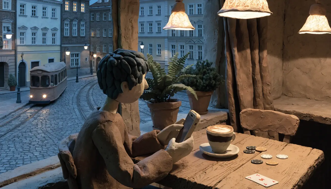 Österreichischer Kaffeegenuss mit Smartphone und Spielchip