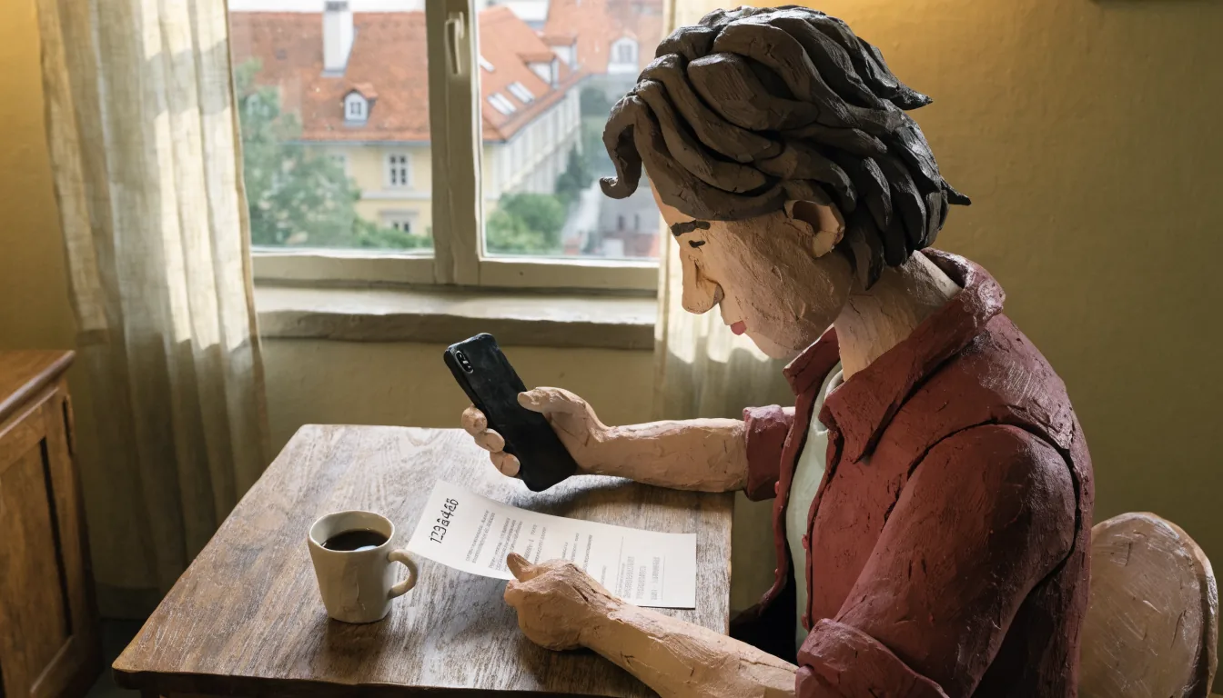Person prüft Smartphone und Abrechnung am Schreibtisch in Wiener Wohnung