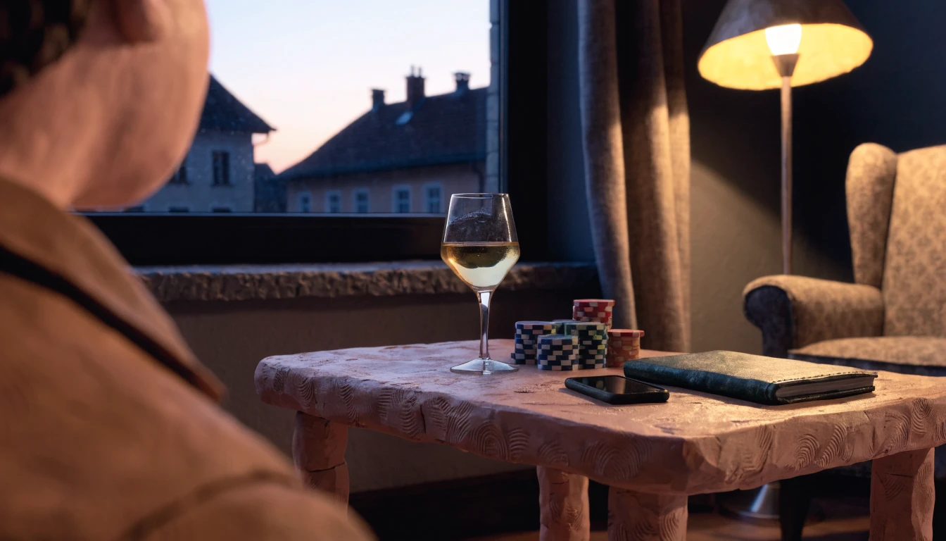 Gemütliches österreichisches Wohnzimmer mit Casino-Chips und Smartphone bei Abendlicht