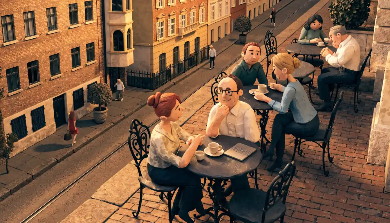 Wiener Straßenecke mit Café-Terrasse und geschlossenem Laptop am Abend