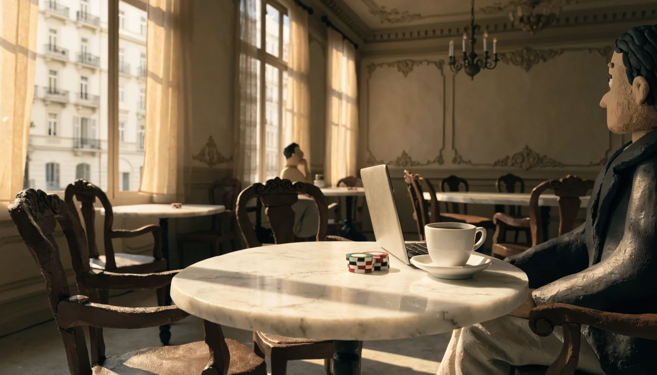 Wiener Kaffeehaus mit Laptop, Kaffeetasse und Spielchips auf einem Marmortisch