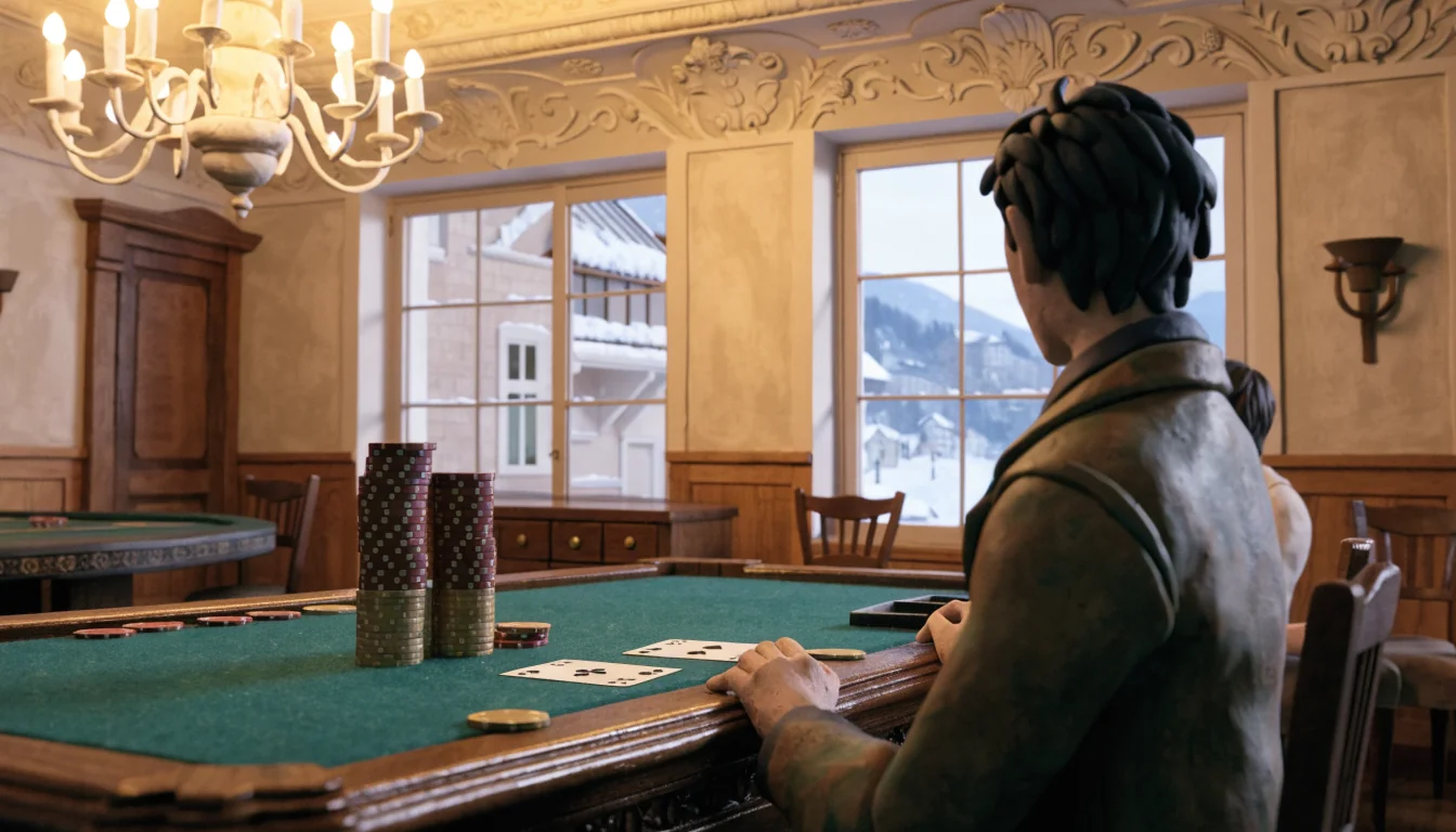 Eleganter österreichischer Casino-Salon mit Spieltisch, Chips und Karten