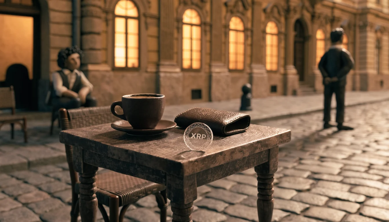 XRP-Münze auf einem Wiener Kafé-Tisch bei Abendlicht