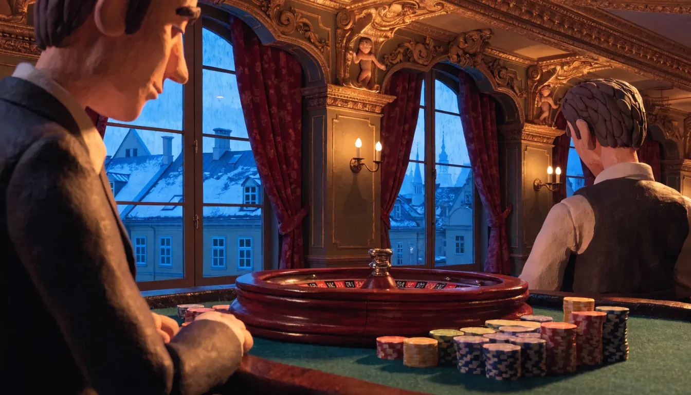 Elegante österreichische Casino-Lounge mit Roulette-Tisch und Spielchips in warmem goldenem Licht