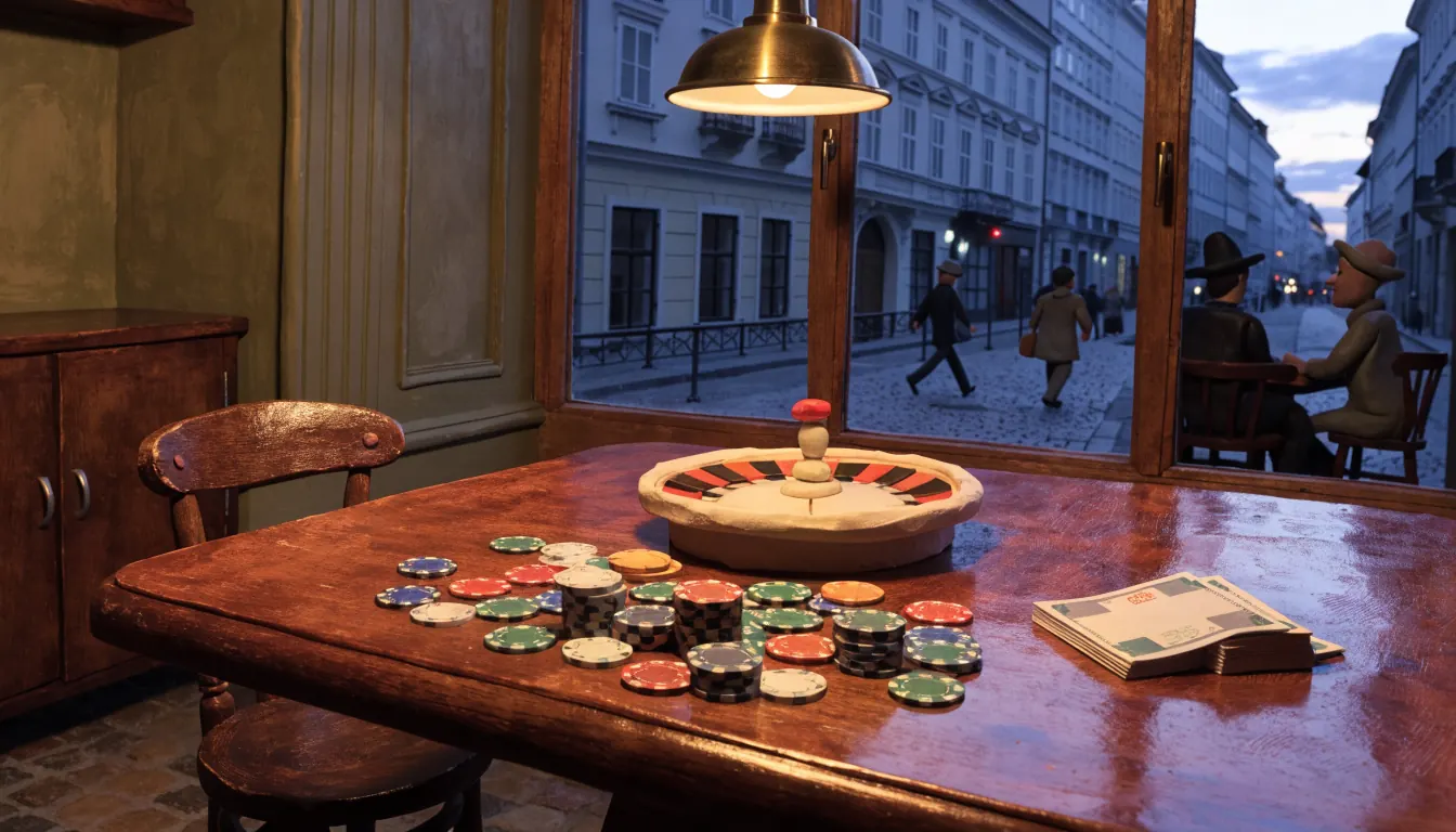 Roulette und Spielchips in einem Wiener Café bei Abendlicht