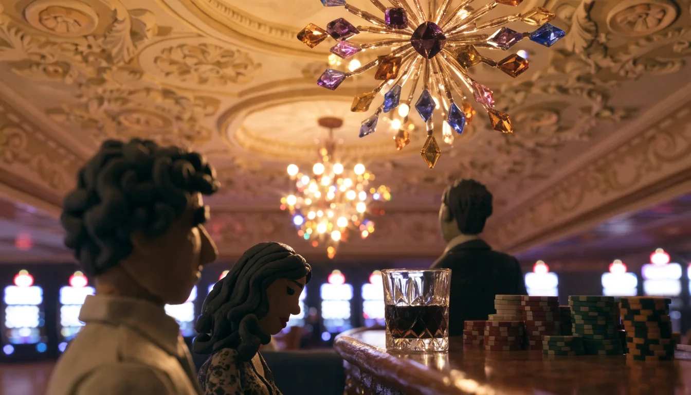Edle österreichische Spielbank-Lounge mit Sternenfunkeln-Lüstern, Spielchips und Bokeh von Spielautomaten in warmem Licht