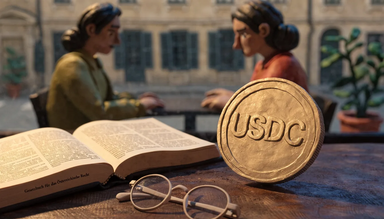 USDC-Münze auf Schreibtisch neben österreichischem Gesetzbuch in Wiener Café