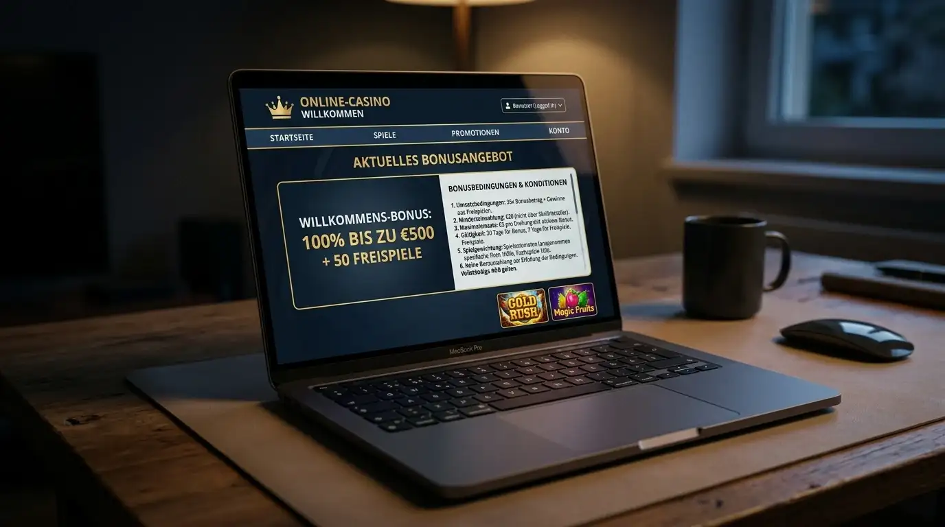 Laptop-Bildschirm mit geöffnetem Online-Casino-Interface und Bonus-Konditionen