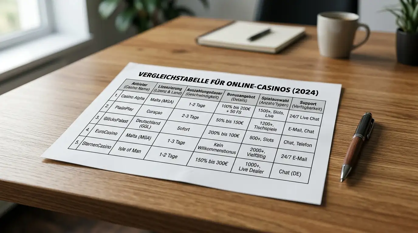 Vergleichstabelle mit internationalen Casino-Logos auf neutralem Schreibtisch