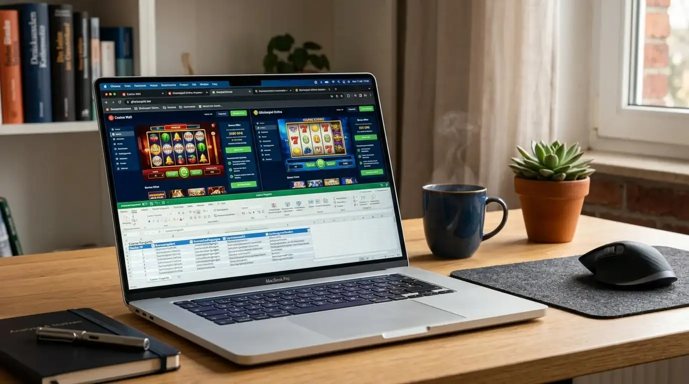 Laptop mit mehreren Casino-Websites offen, Vergleichstabelle sichtbar
