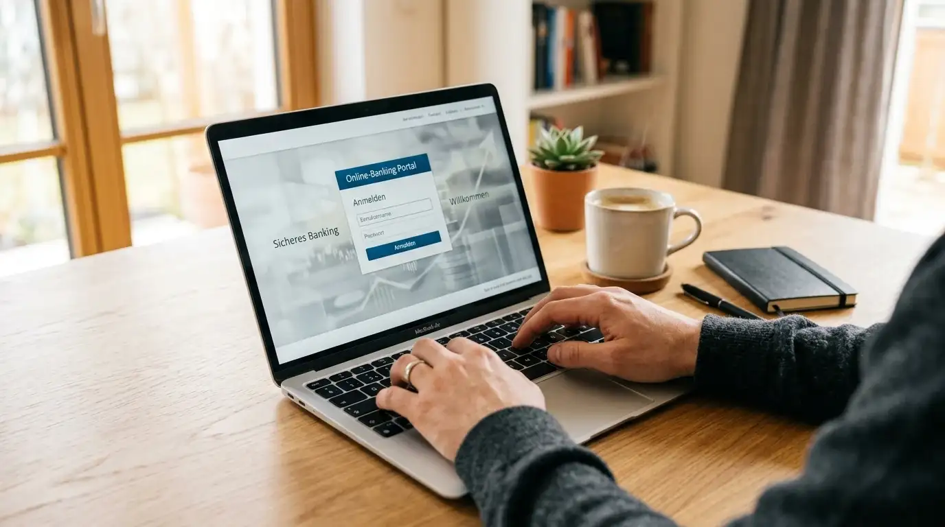 Person am Laptop mit Bank-Login für Casino-Einzahlung