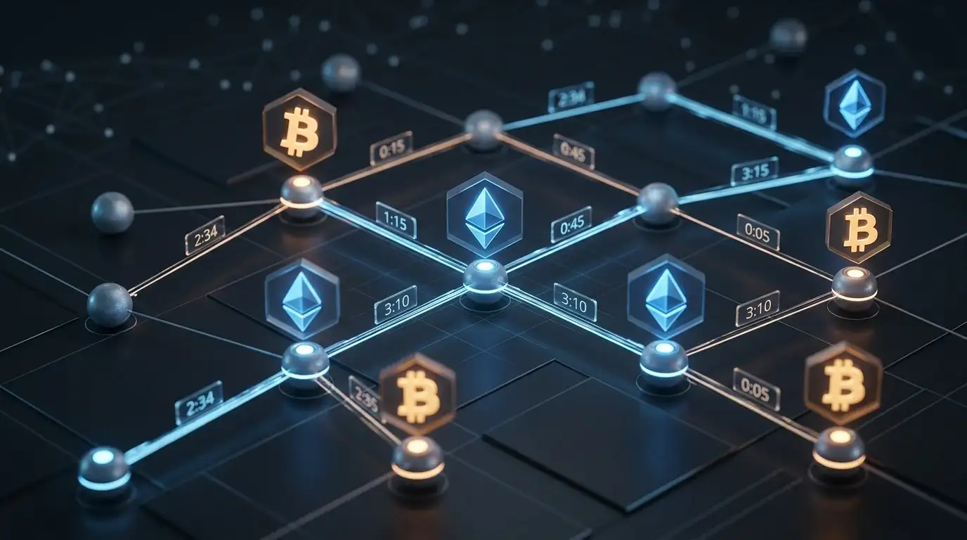 Blockchain-Netzwerk-Visualisierung mit Bitcoin und Ethereum Symbolen und Zeitstempel
