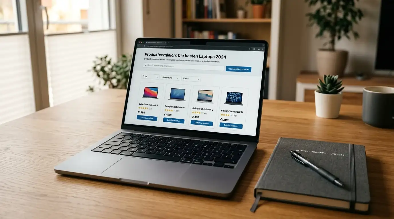 Schreibtisch mit Laptop und Notizbuch — professioneller A