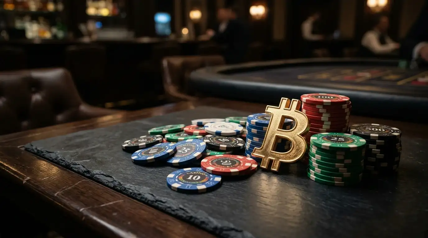Bitcoin-Symbol und Casino-Chips auf dunklem Hintergrund