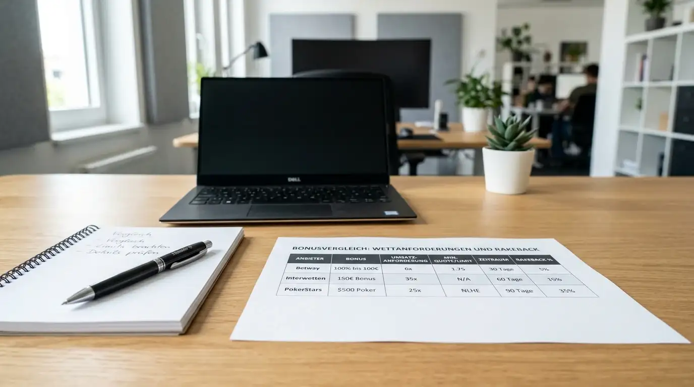 Bonus-Struktur-Dokument mit Wagering-Requirements und Rakeback-Vergleich