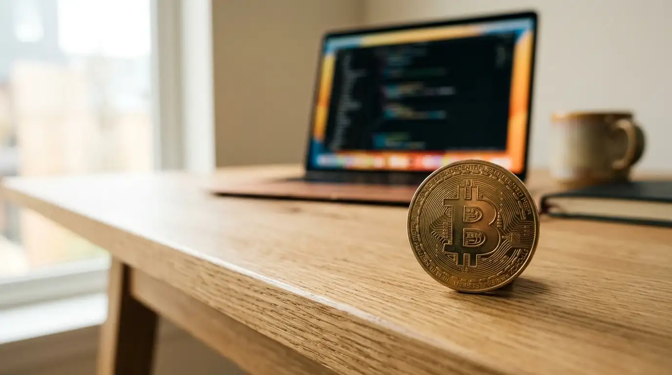 Bitcoin-Coin auf minimalistischem Schreibtisch mit Laptop im Hintergrund — warmes Licht, ruhige Atmosphä