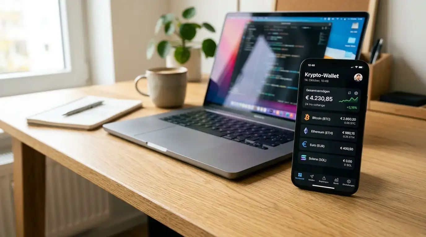Smartphone mit Bitcoin-Wallet neben Laptop auf Schreibtisch
