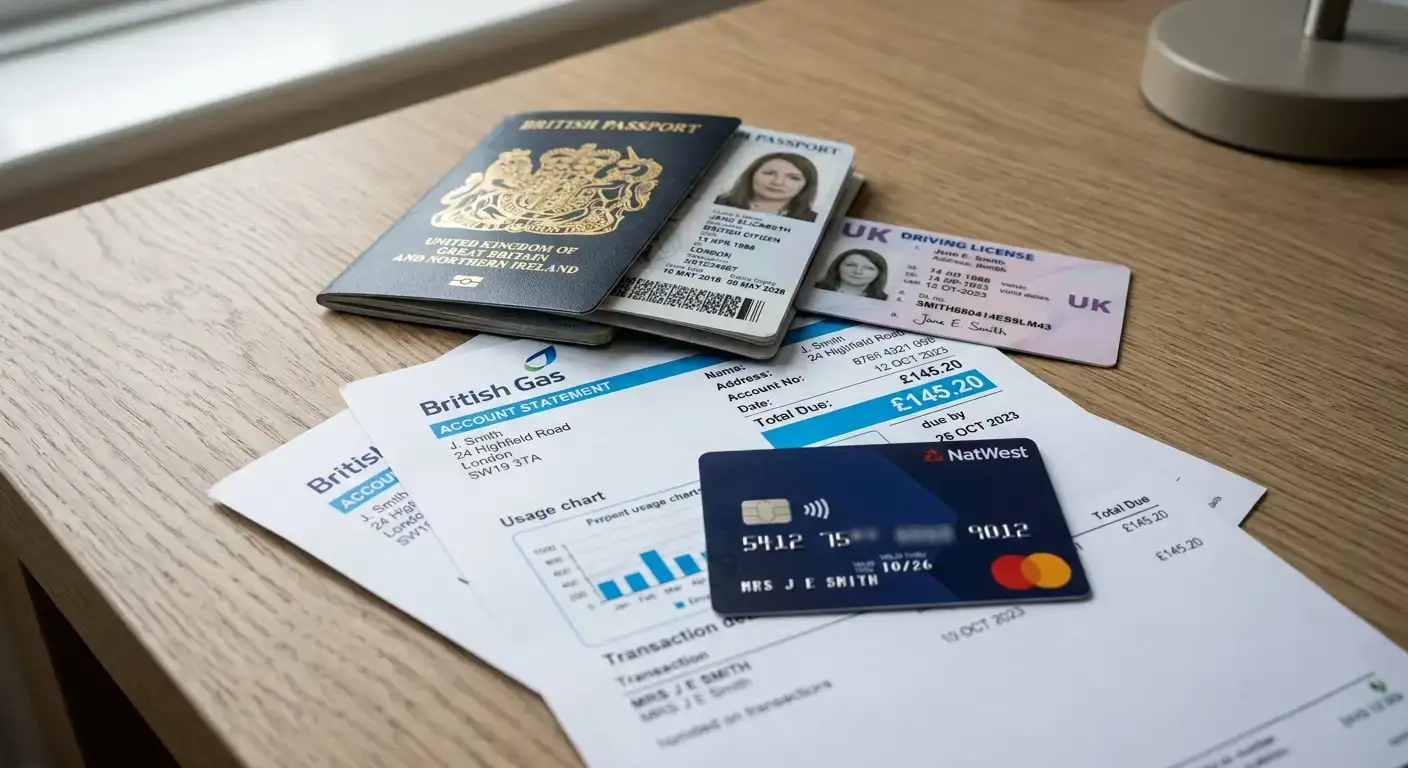 Aufgefächerte Dokumente Ausweis Stromrechnung Kreditkarte auf neutralem U