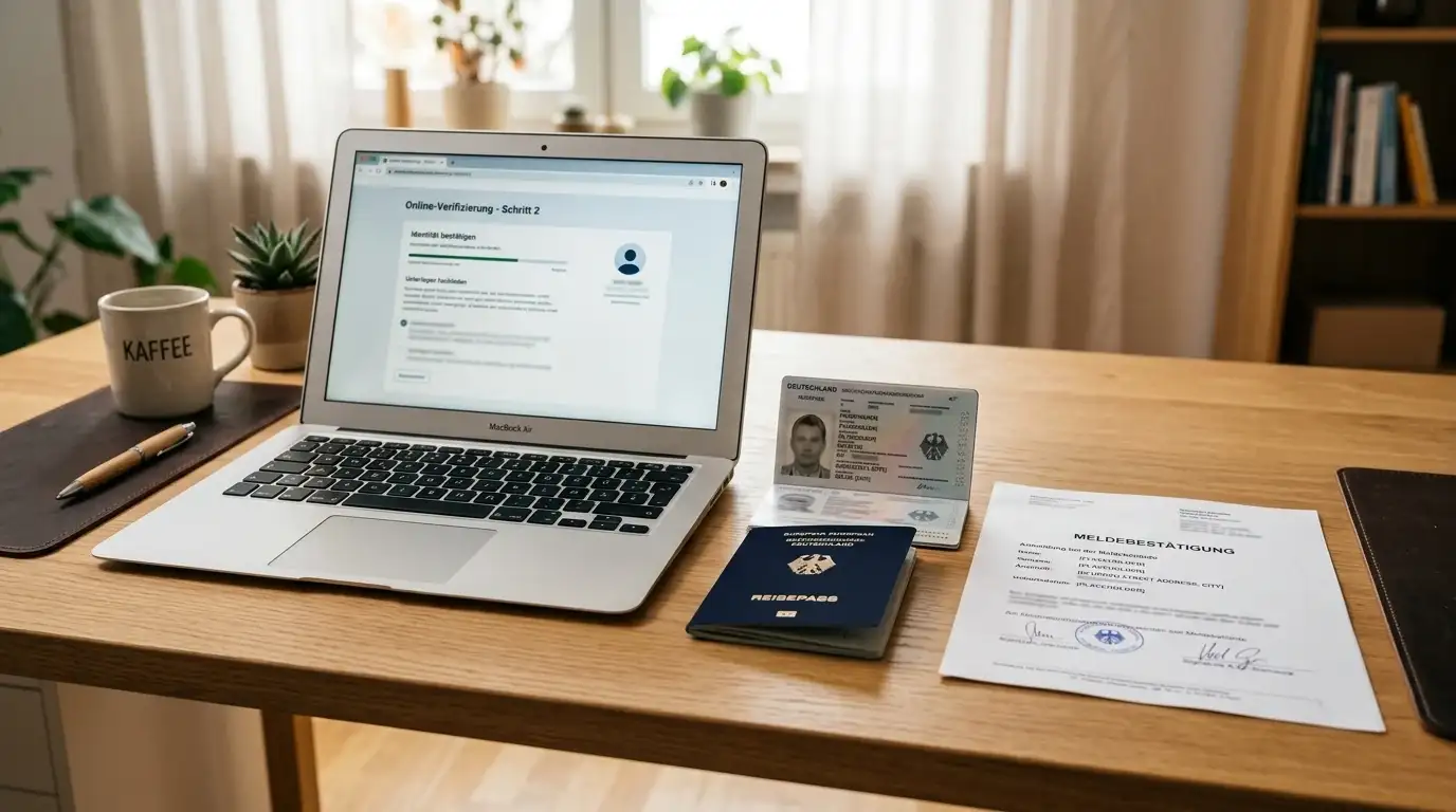 Ausweis und Adressnachweis auf Schreibtisch neben Laptop