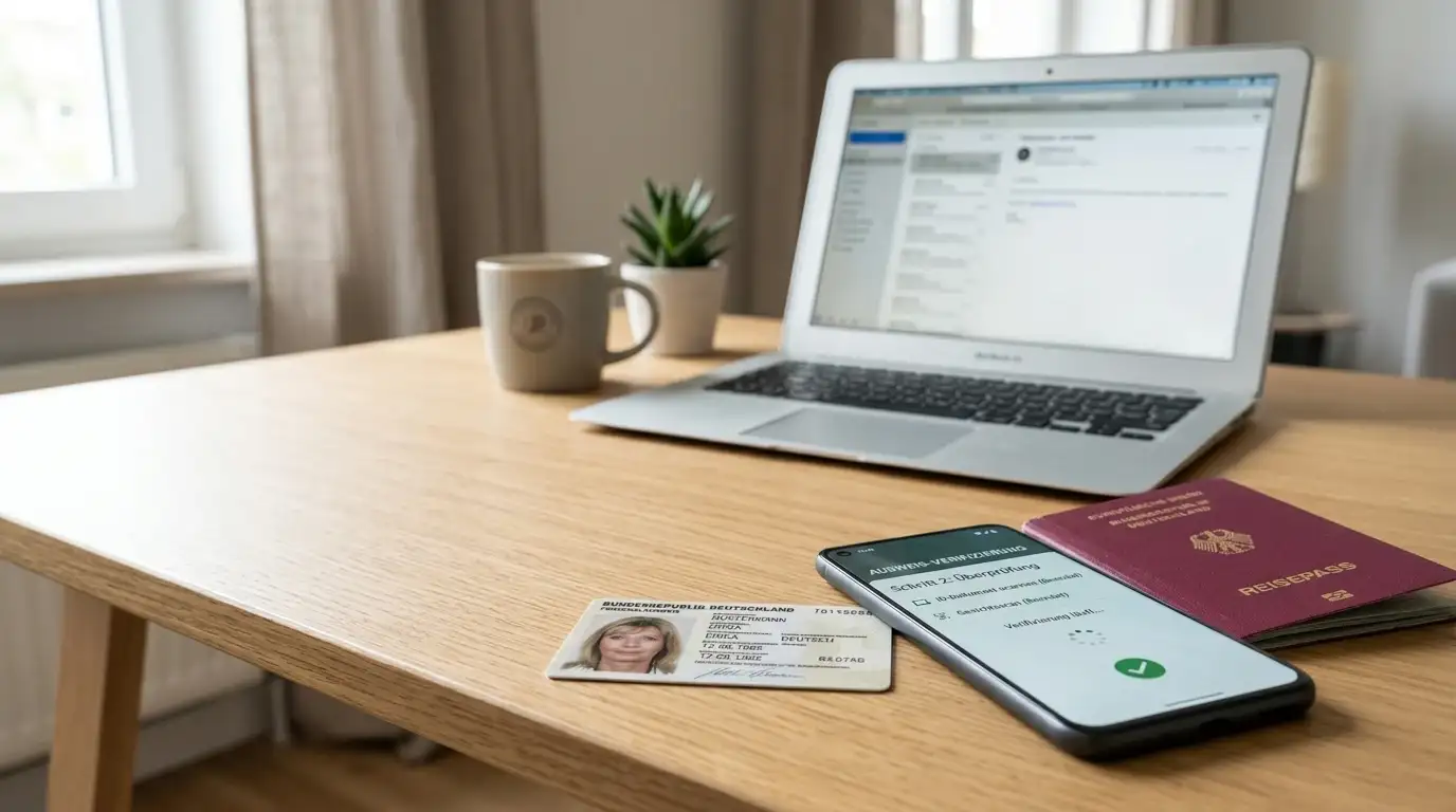 Dokument mit Ausweis und Smartphone für digitale Verifikation auf Schreibtisch