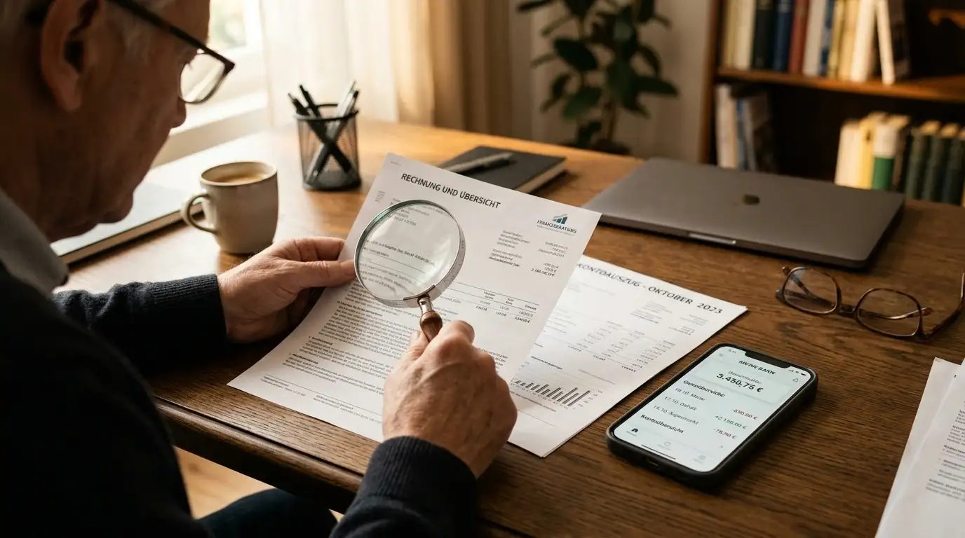 Person am Schreibtisch prüft Dokumente mit Lupe, Smartphone mit neutralem Banking-Interface daneben