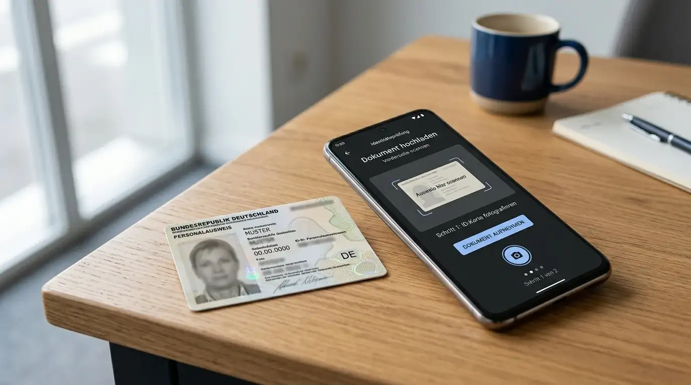 Ausweiskopie und Smartphone mit Dokumenten-Upload-Bildschirm