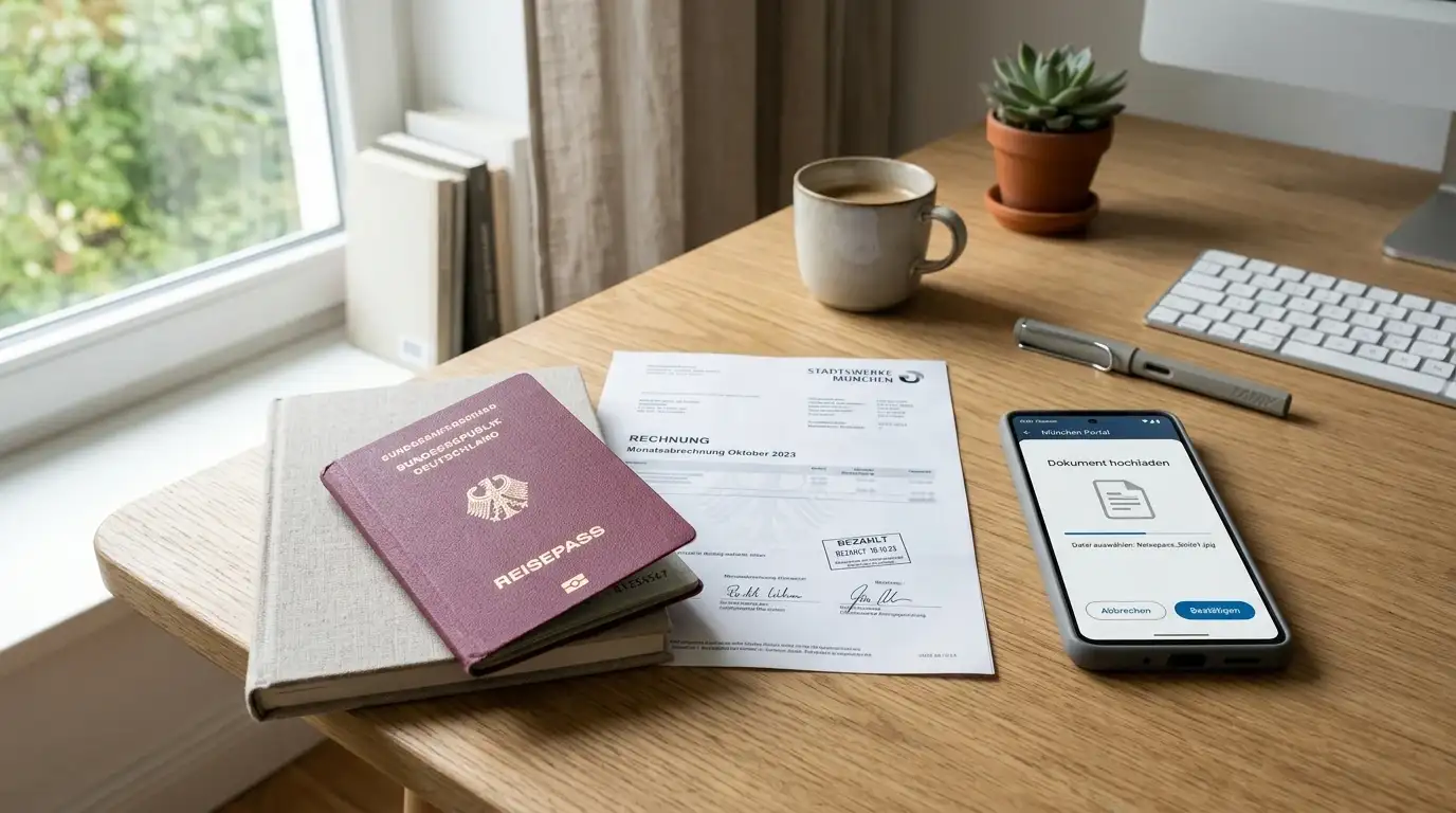 Reisepass, Adressnachweis und Smartphone mit Dokumenten-Upload-Interface auf aufgeräumtem Schreibtisch