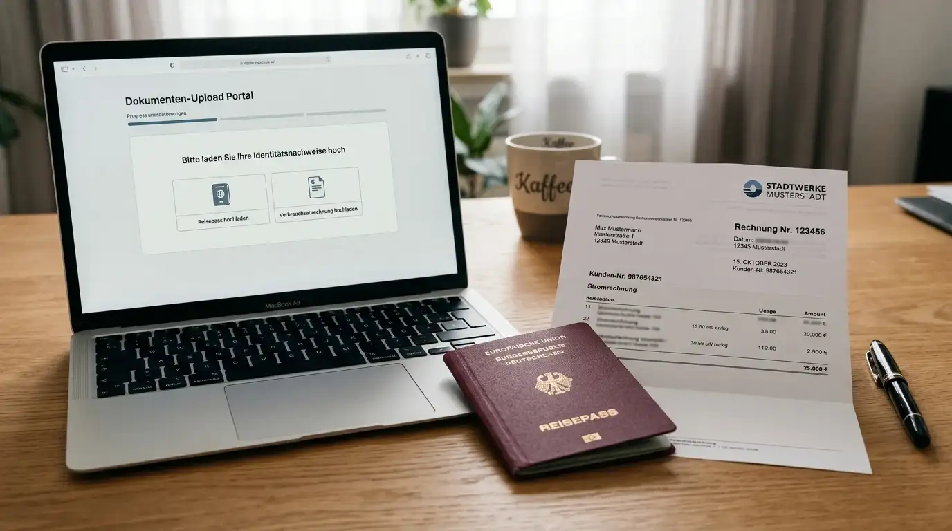 Dokumente für KYC-Verifizierung neben Laptop mit Casino-Interface