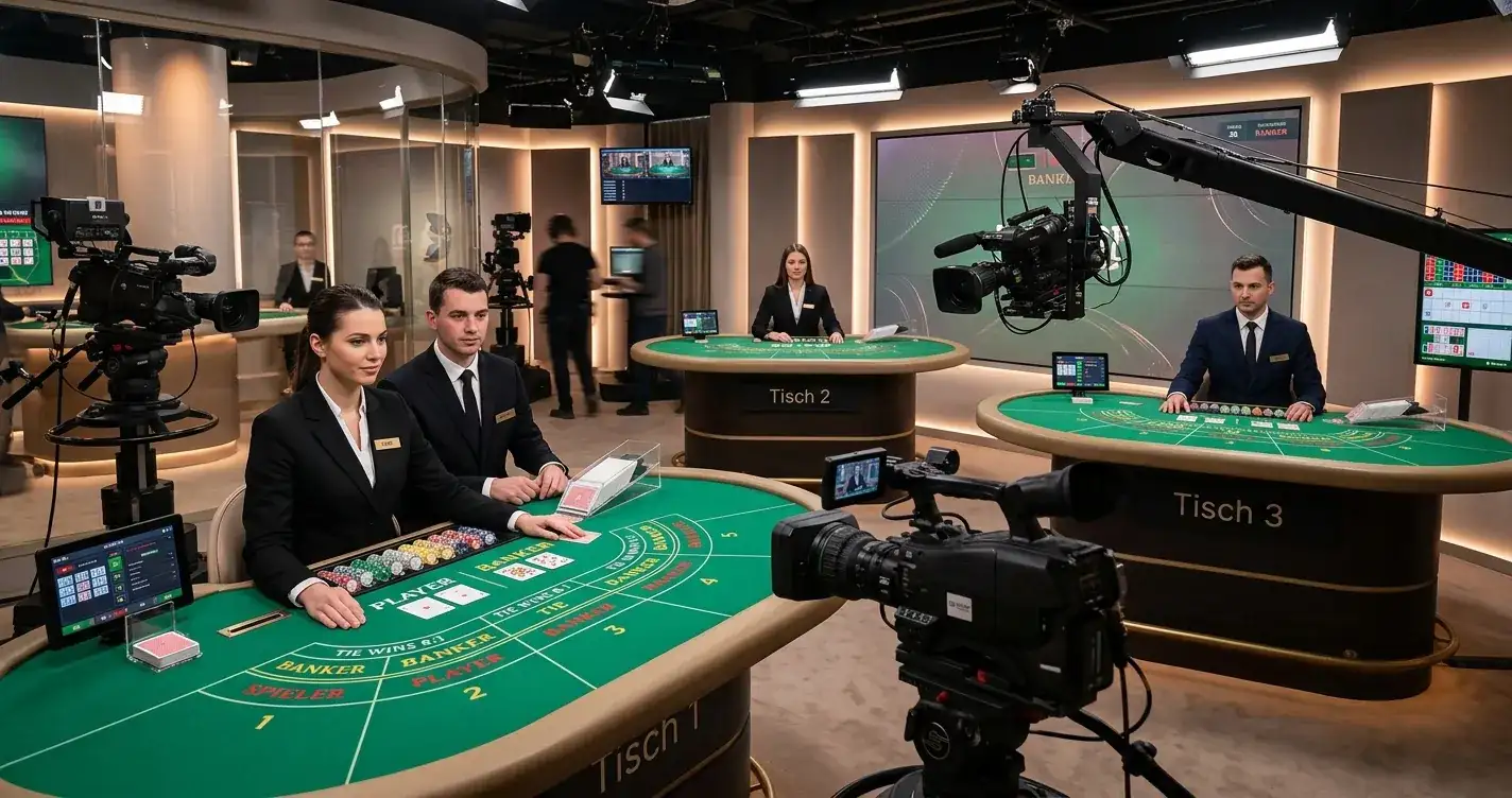Evolution-Gaming-Studio mit mehreren Live-Baccarat-Tischen und Croupiers