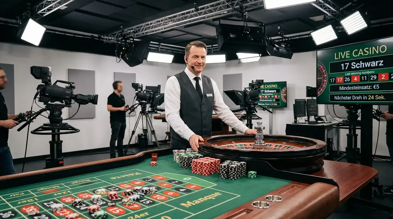 Studio mit Live-Dealer an professionellem Roulette-Tisch, mehrere Kameras im Hintergrund
