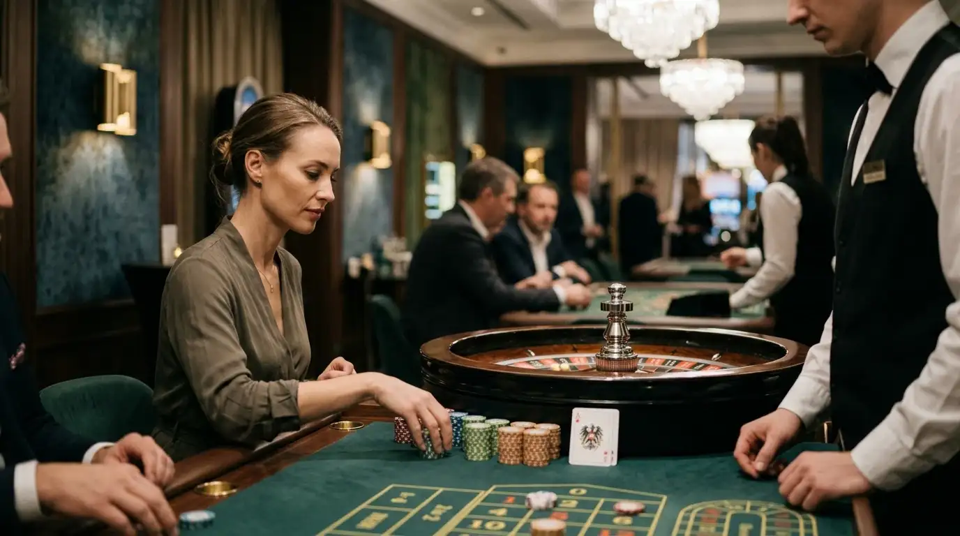 Österreich-Karte mit markierten Casino-Lizenzregionen: §14 GSpG (win2day), Curaçao, MGA, UKGC — regulatorische Übersicht AT 2026
