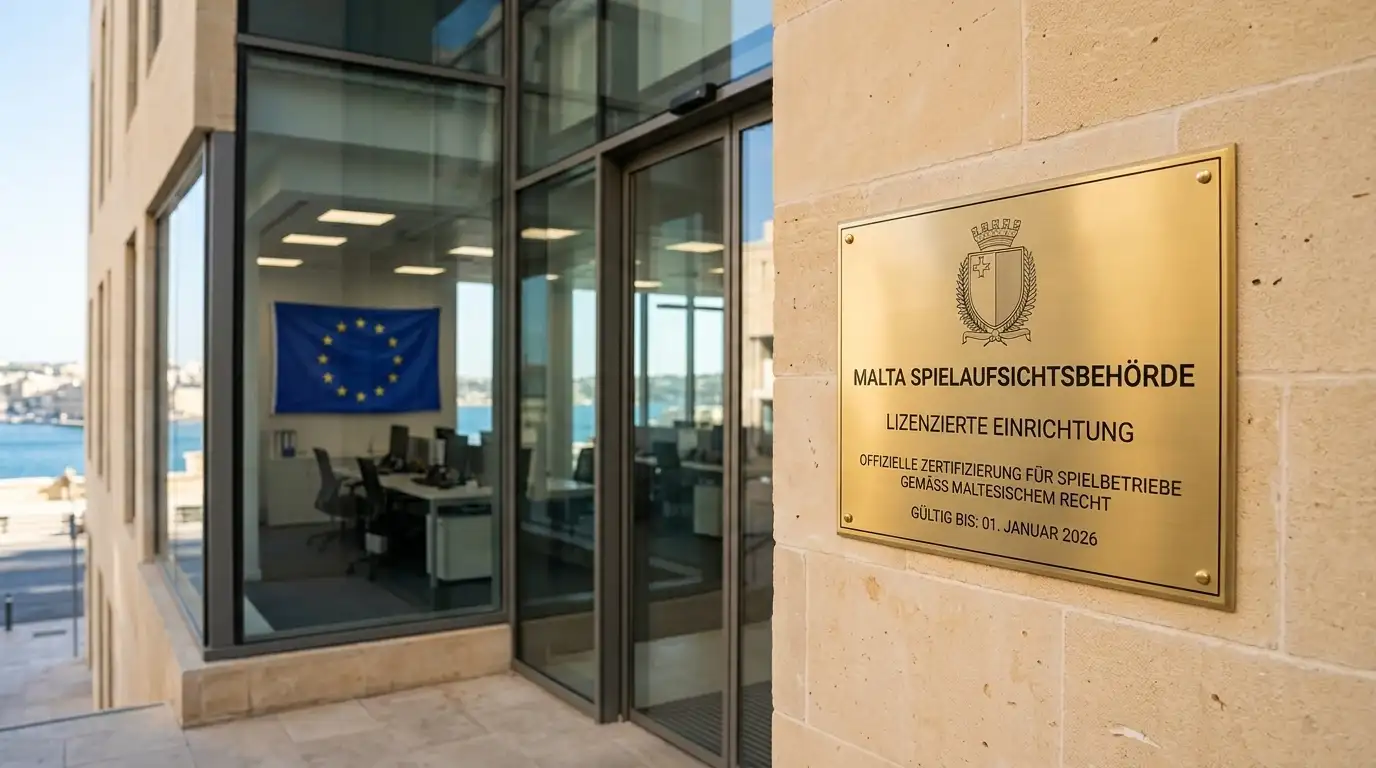 Malta Gaming Authority-Lizenzschild an Bürogebäude mit EU-Flagge im Hintergrund