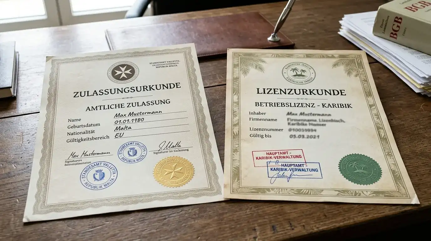 MGA-Lizenz-Dokument neben Curaçao-Lizenz mit Stempel und Siegel