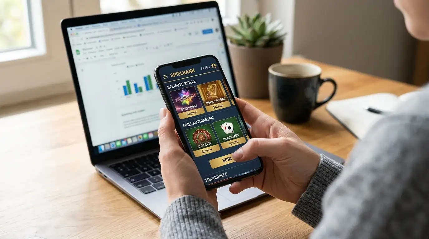Person an Laptop mit Smartphone und geöffneter Casino-App – mobiles Spiel unterwegs
