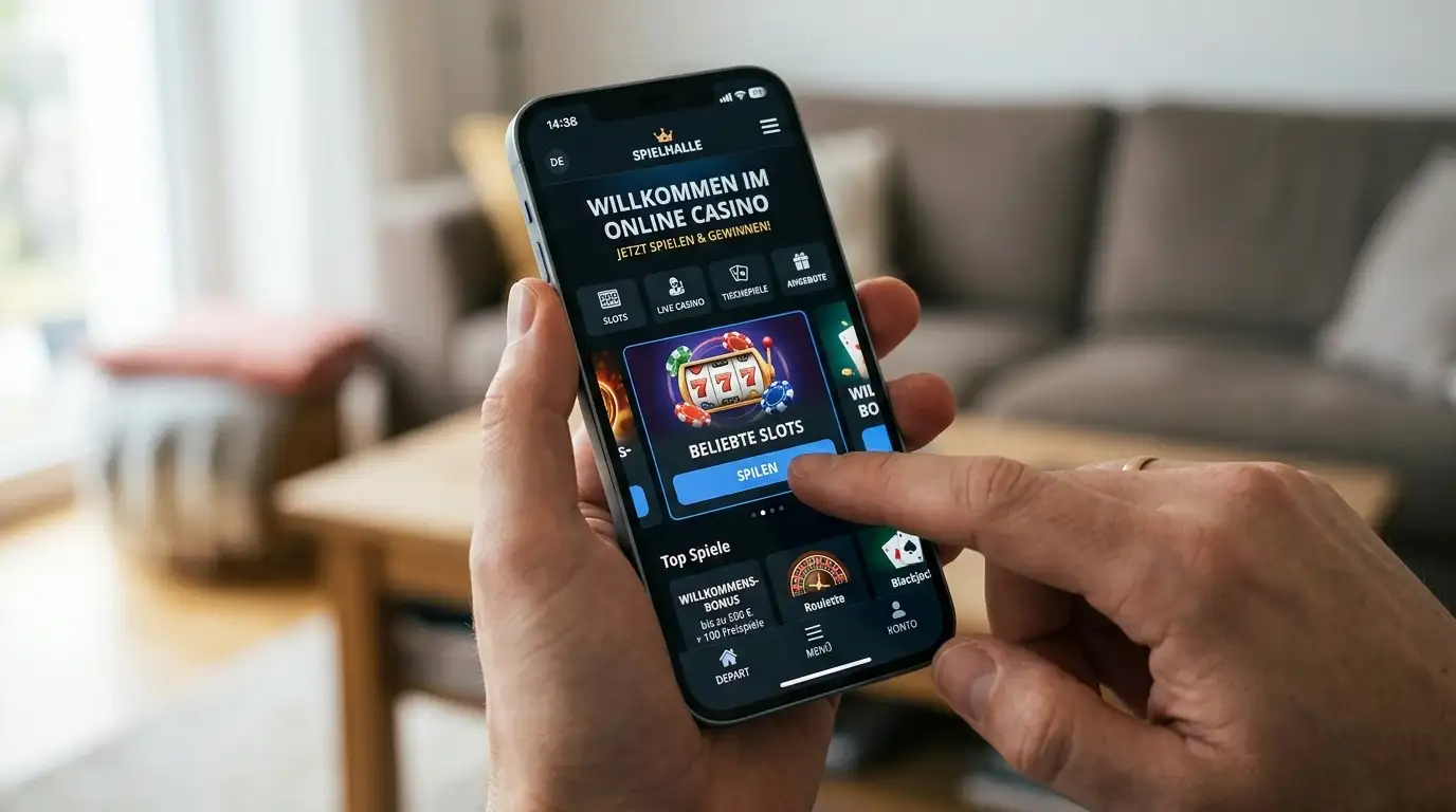 Smartphone mit responsive Casino-Website im Browser, Touch-optimierte Navigation sichtbar