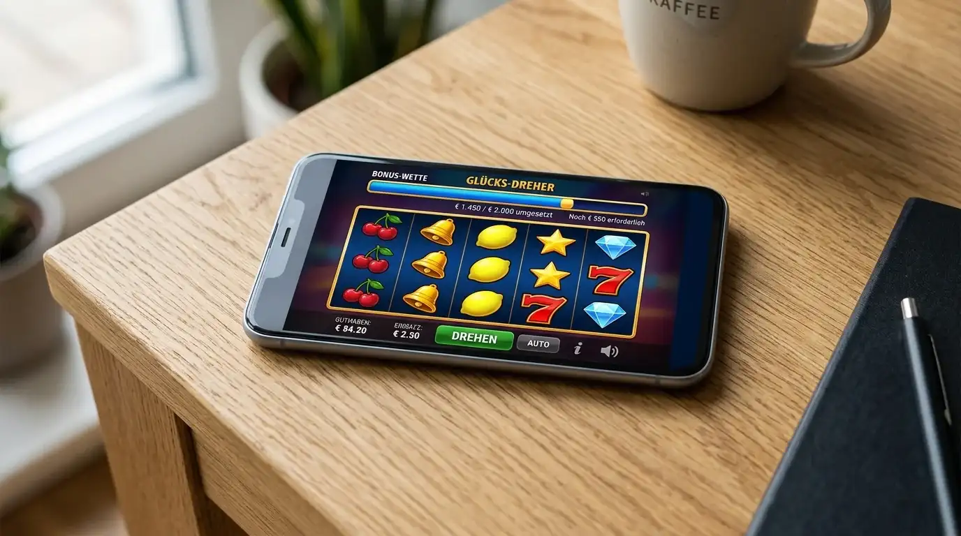 Slot-Maschine auf Smartphone-Display mit Umsatzfortschrittsbalken