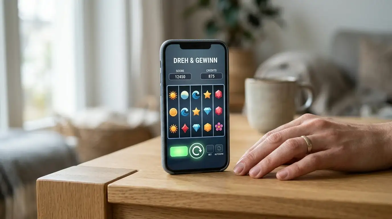 Mobiles Smartphone mit neutralem Spielautomaten und sichtbaren Spielregeln