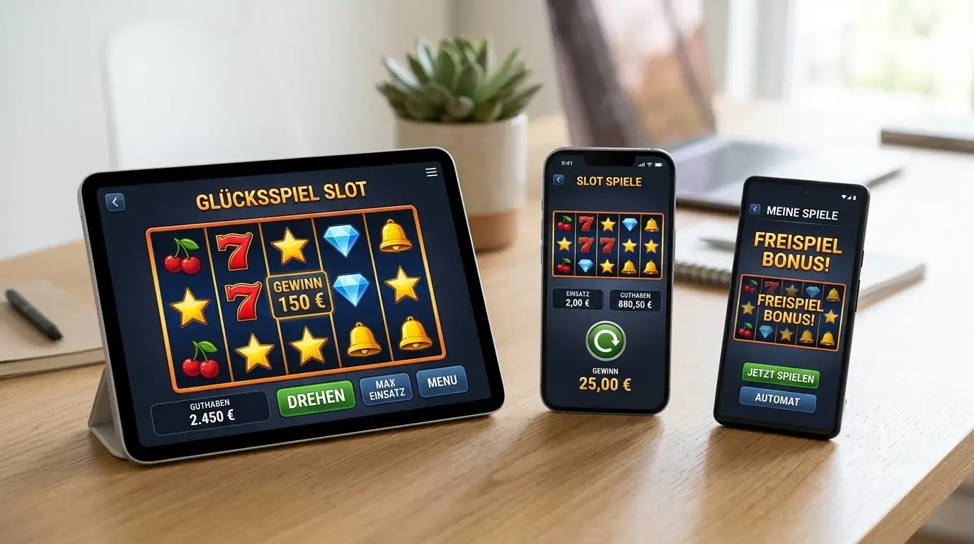 Smartphone und Tablet mit Casino-Interfaces und Slot-Spielen
