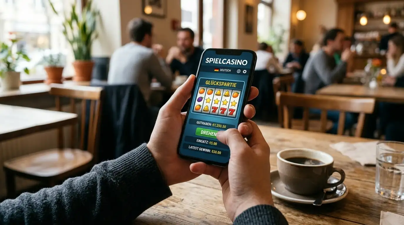 Hand mit Smartphone, das Casino-Interface zeigt, auf Café-T