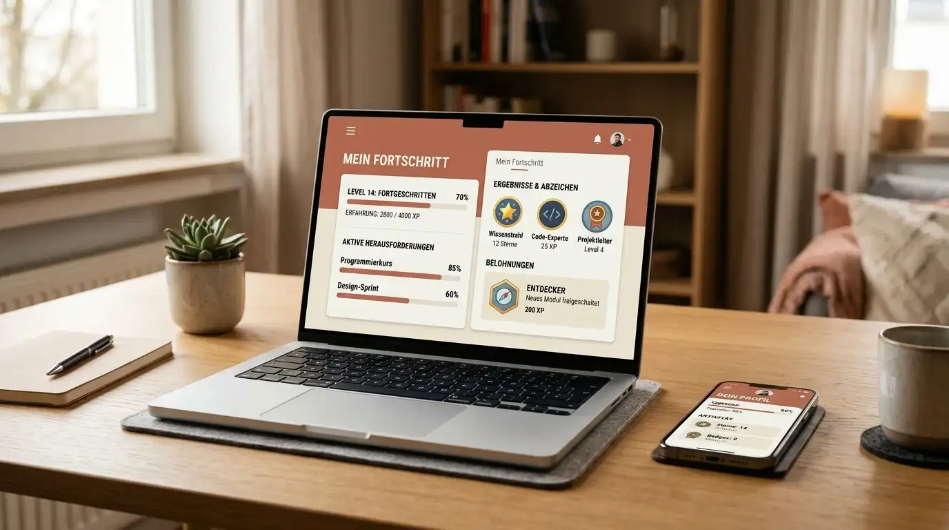 Moderner Laptop mit Gamification-Interface und Level-Fortschrittsbalken, Smartphone daneben mit mobiler App-Ansicht