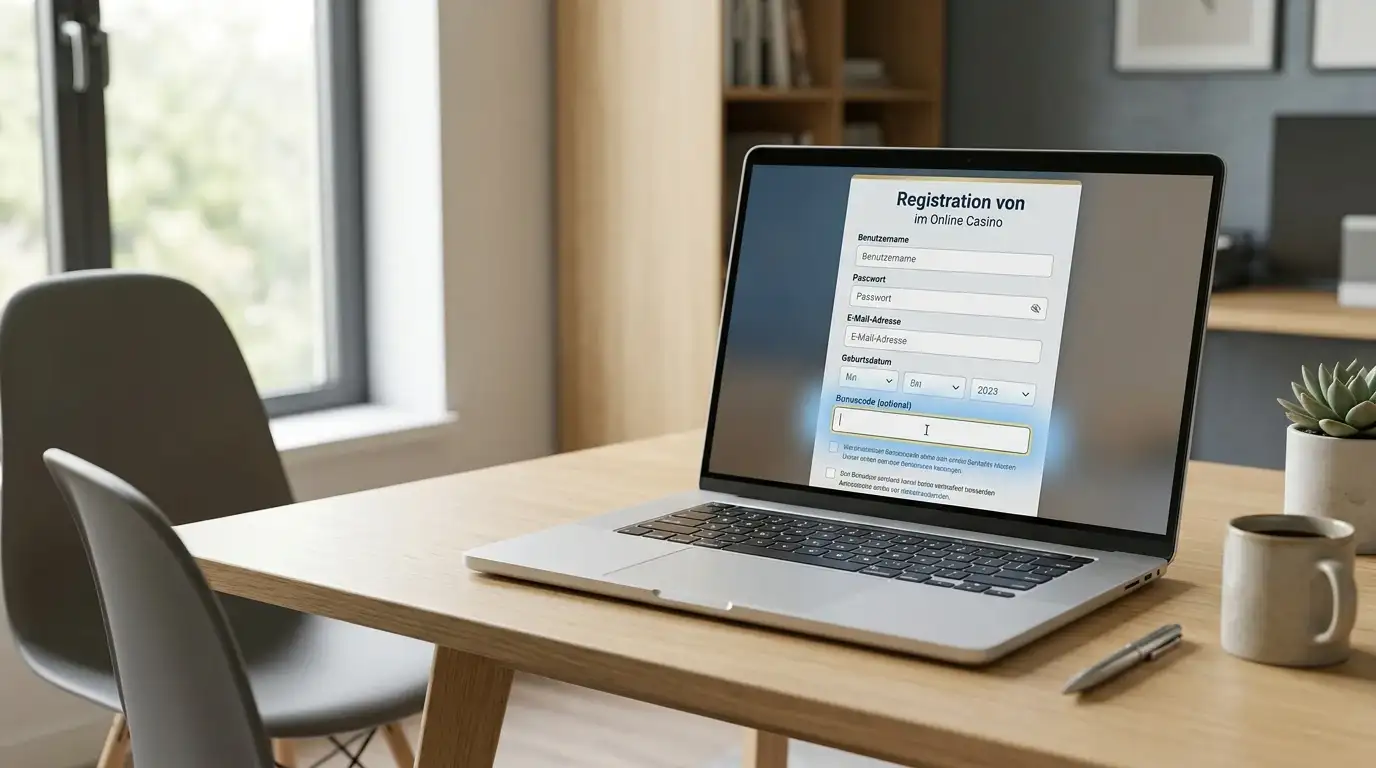 Moderne Casino-Registrierung am Laptop mit Bonuscode-Eingabe