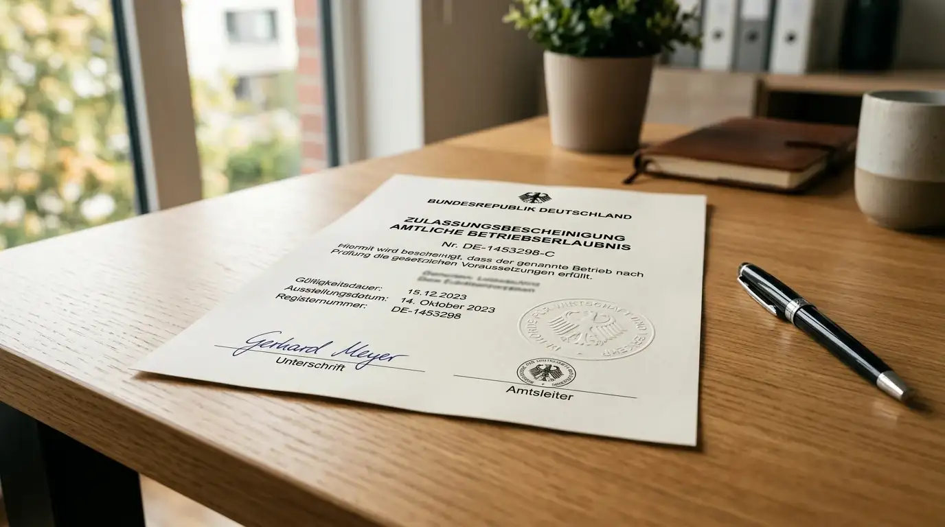 Amtliches Konzessionsdokument mit Prägestempel auf einem aufgeräumten Schreibtisch