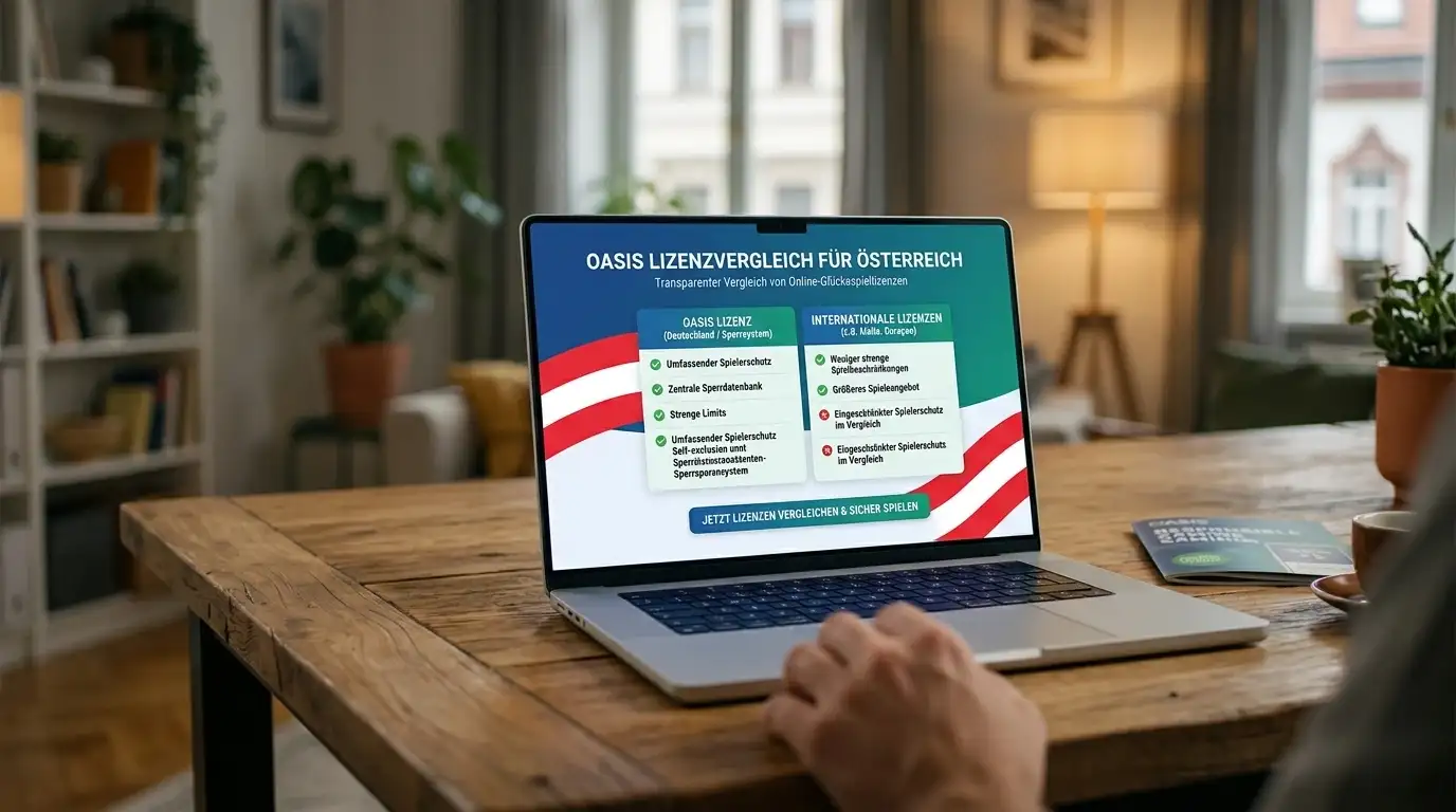 Schreibtisch mit neutralem Lizenzdokument und Laptop für einen Casino-Vergleich