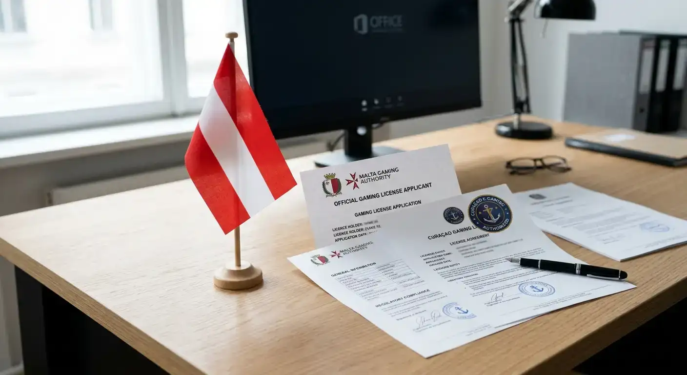 Österreichische Flagge neben Lizenz-Dokumenten verschiedener Jurisdiktionen auf S