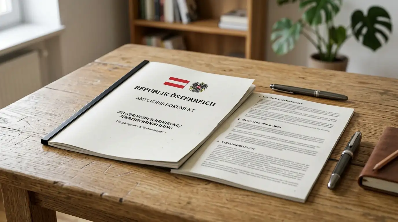 Lizenz-Dokument mit Österreich-Flagge und Gesetzestext im Hintergrund