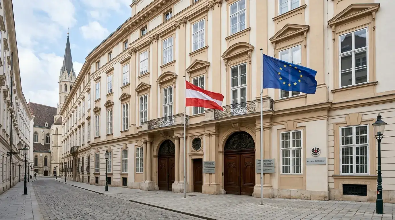 Österreichisches Justizministerium-Gebäude mit EU-Flagge und österreichischer Flagge