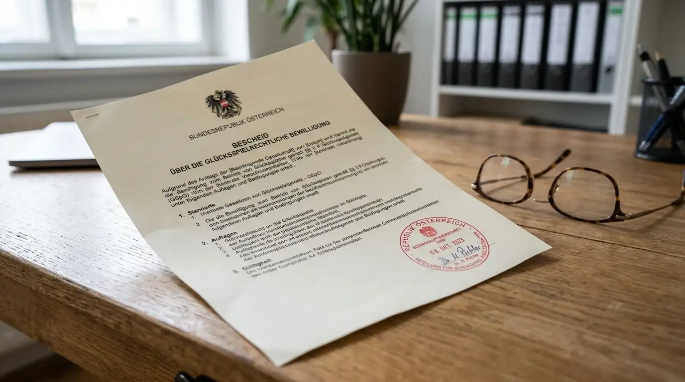 Österreichisches Glücksspielgesetz-Dokument mit offizieller Markierung auf einem Schreibtisch