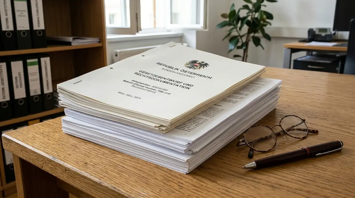 Dokumentenstapel mit österreichischem Bundesadler-Siegel, Gesetzestexte und Regulierungsentwürfe